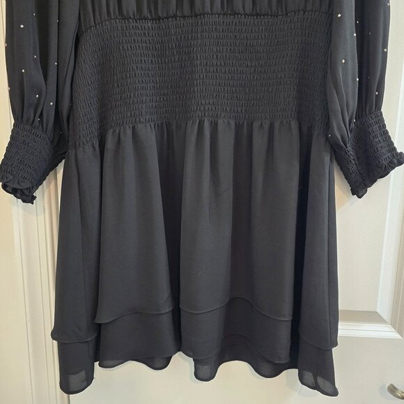 White House Black Market Long Sleeve Smocked Blouson Dress - Black W Rhinestones - Picture 4 of 10